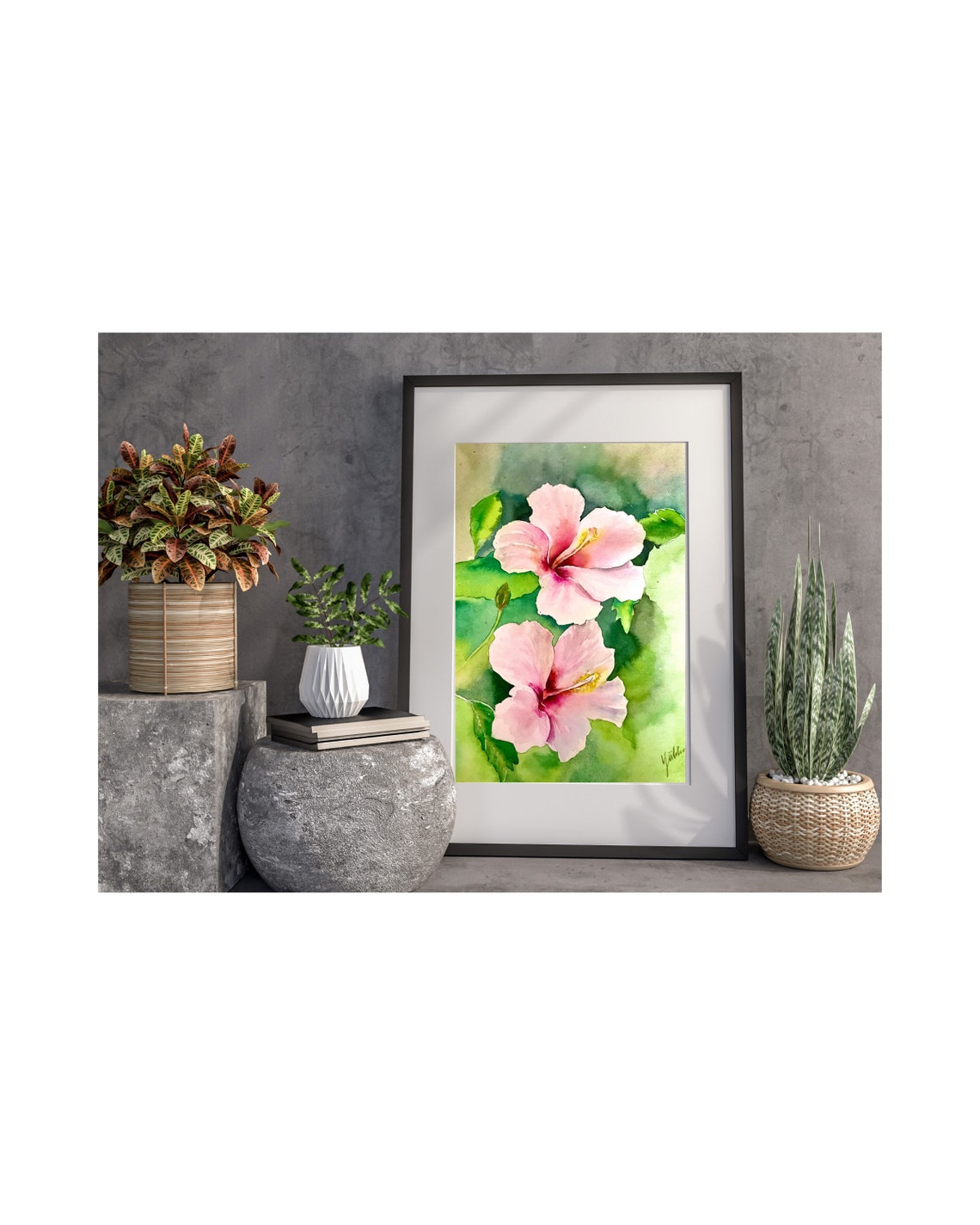 Two Pink Hibiscus Flowers in a Soft Botanical Watercolor Poster - Image 3