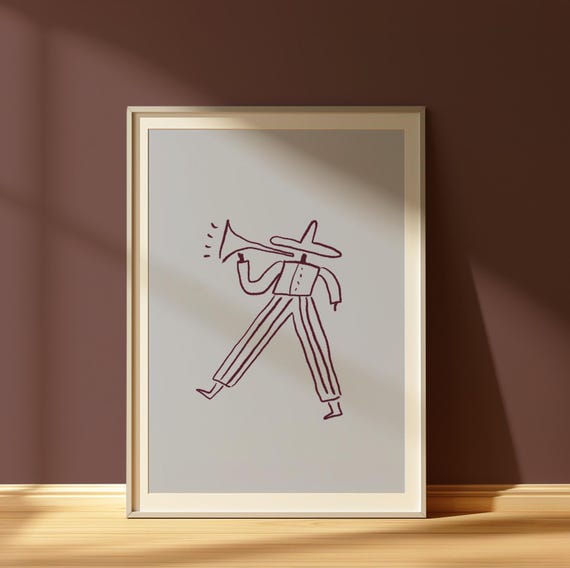 Minimalist Trumpet Cowboy Art Print Country Musician Wall Jazz Band Illustration Western Artwork Modern Line Drawing