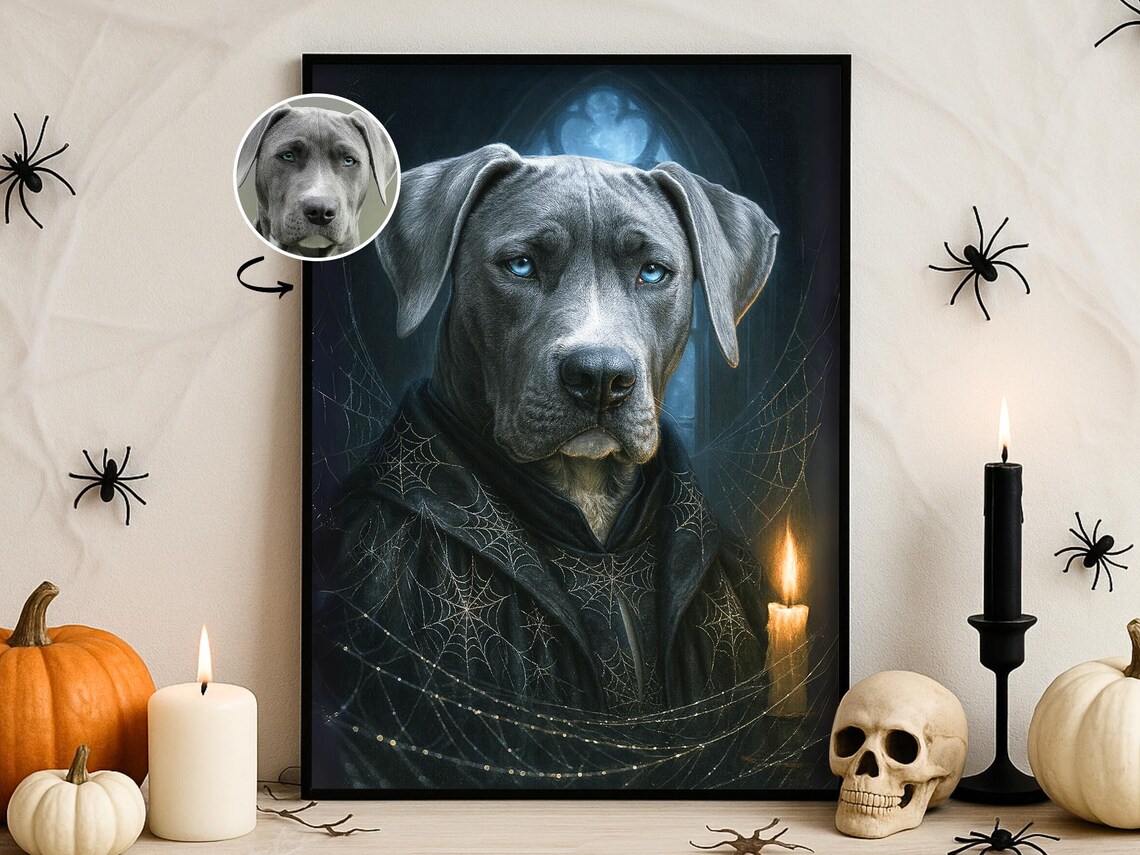Halloween Custom Pet Portrait Spiderweb Gothic Wall Art Spooky Dog Cat Print
