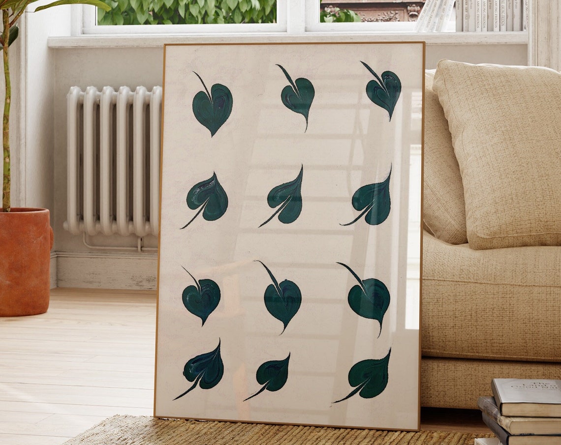 Twelve Green Heart Leaf Pattern Minimalist Botanical Grid Art Poster