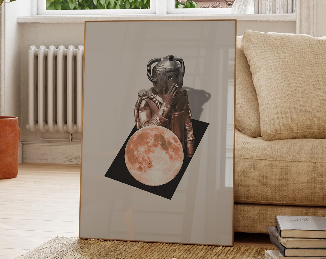 Vintage Diver Helmet Full Moon Minimal Surreal Collage Art Poster