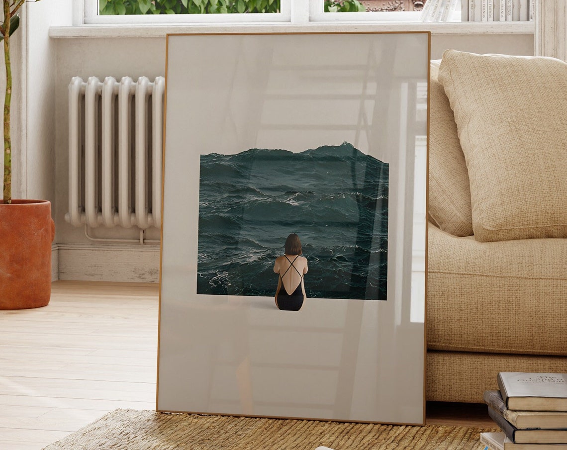 Woman Facing Dark Ocean Waves Minimal Beige Collage Art Poster