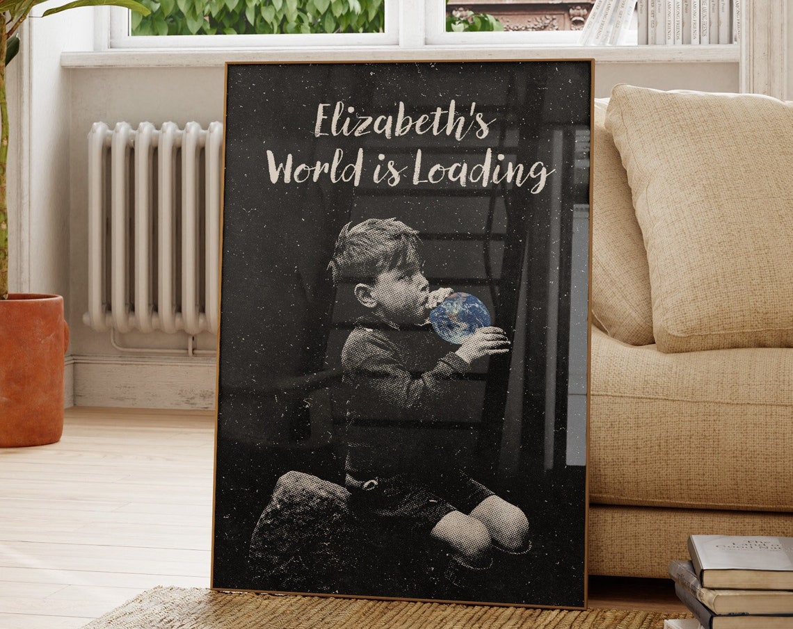 Elizabeth's World Is Loading Boy Blowing Globe Custom Name Art Poster