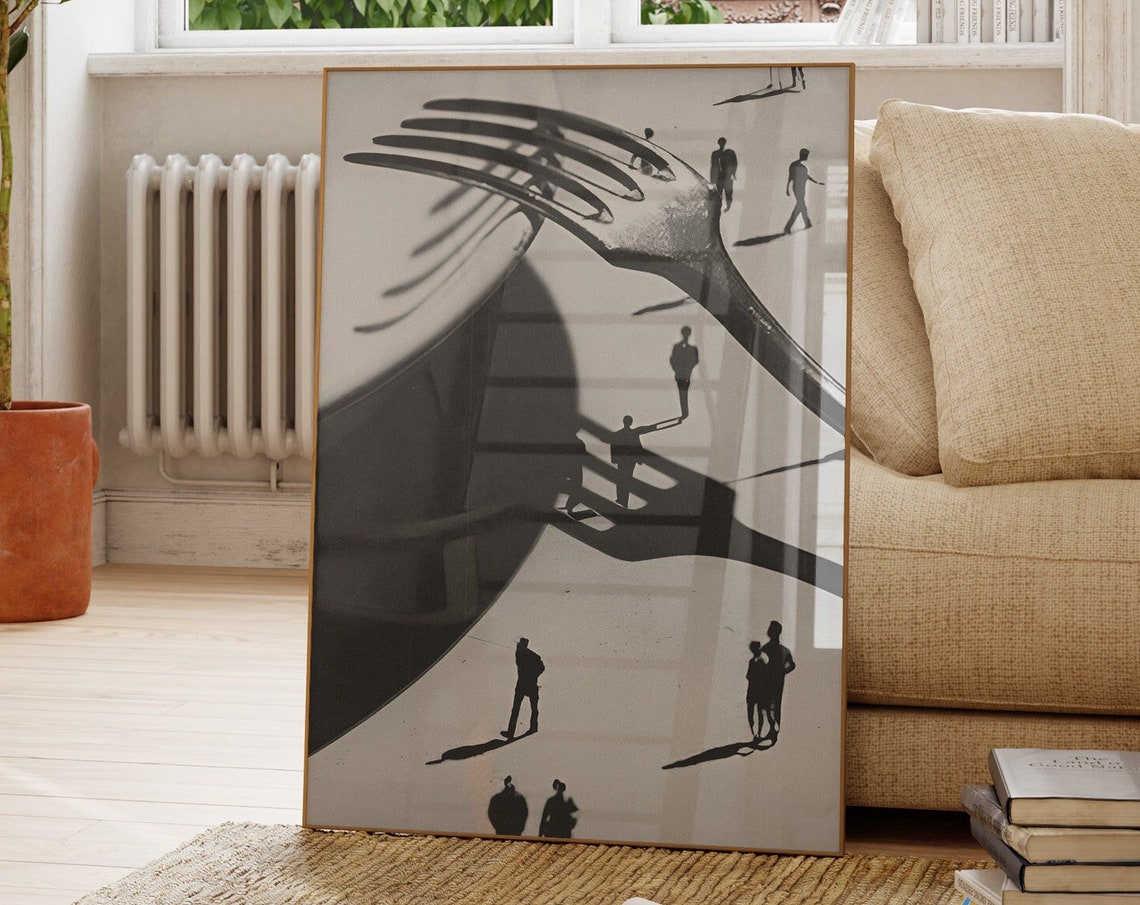 Giant Fork Tiny People Surreal Scale Dystopian Black White Art Poster