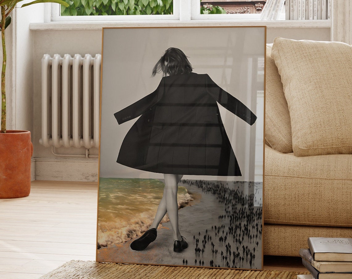 Woman In Black Coat Beach Crowd Double Exposure Surreal Art Poster