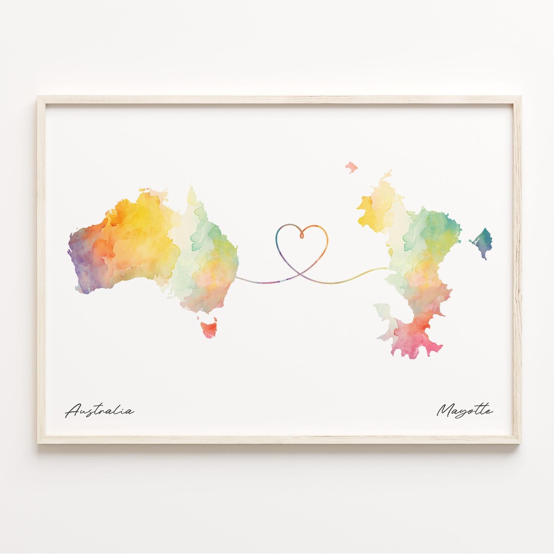Australia To Mayotte Watercolor Long Distance Heart Map Art Poster