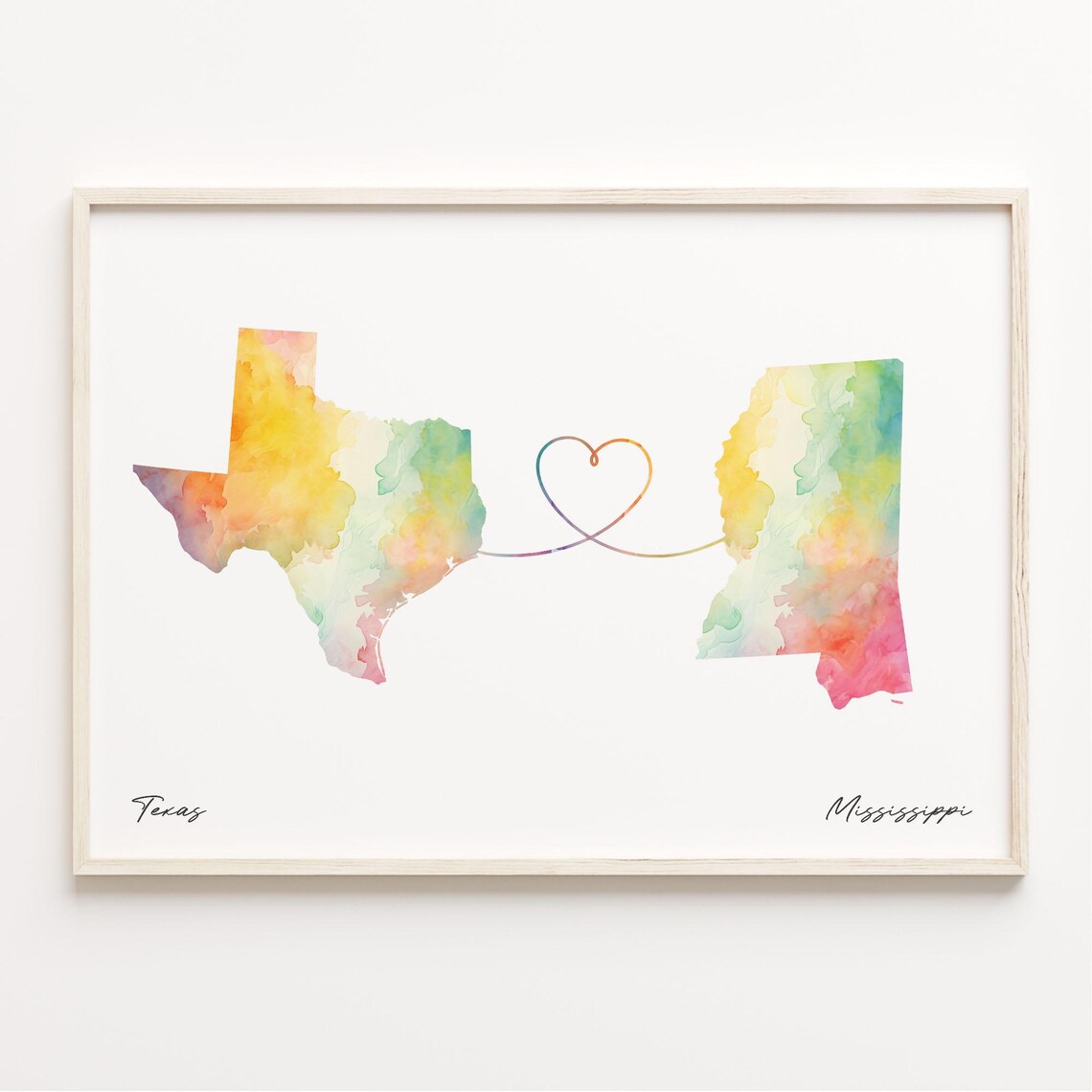 Texas To Mississippi Watercolor Heart Line Long Distance State Map Print