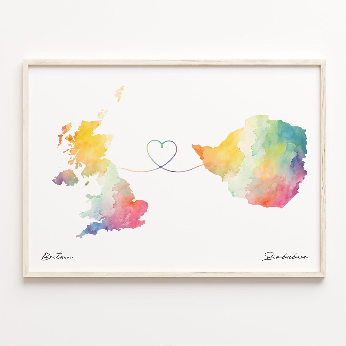 Britain to Zimbabwe Watercolor Map Long Distance Love Heart Print