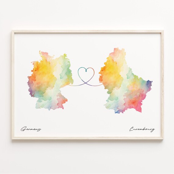 Germany to Luxembourg Watercolor Heart Map Long Distance Connection Poster