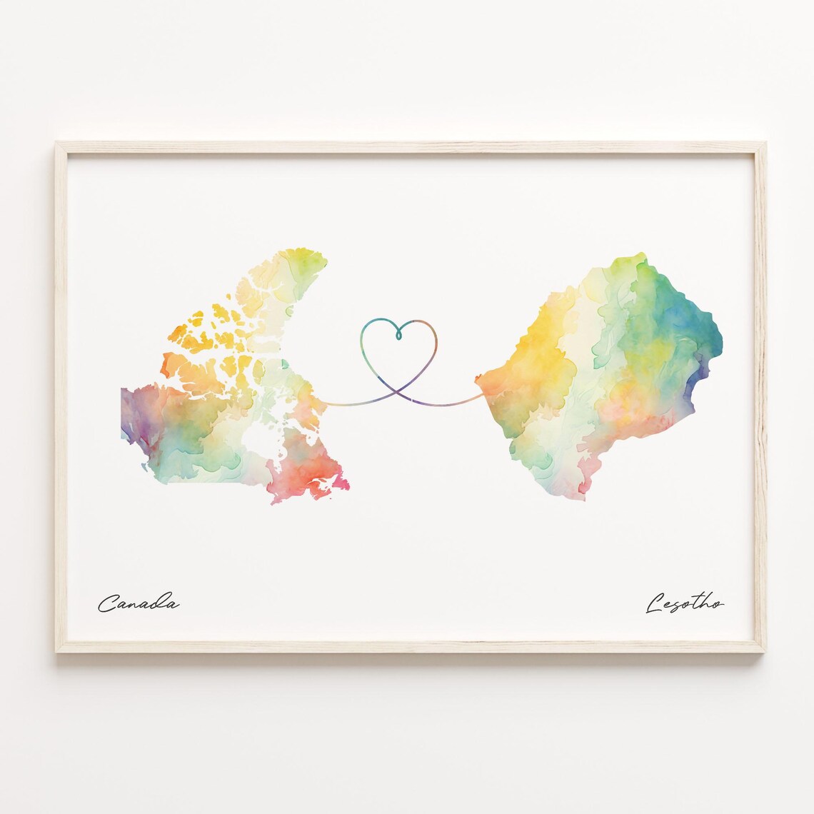 Canada to Lesotho Love Heart Watercolor Map Long Distance Poster