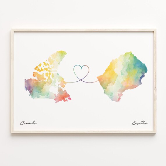 Canada to Lesotho Love Heart Watercolor Map Long Distance Poster