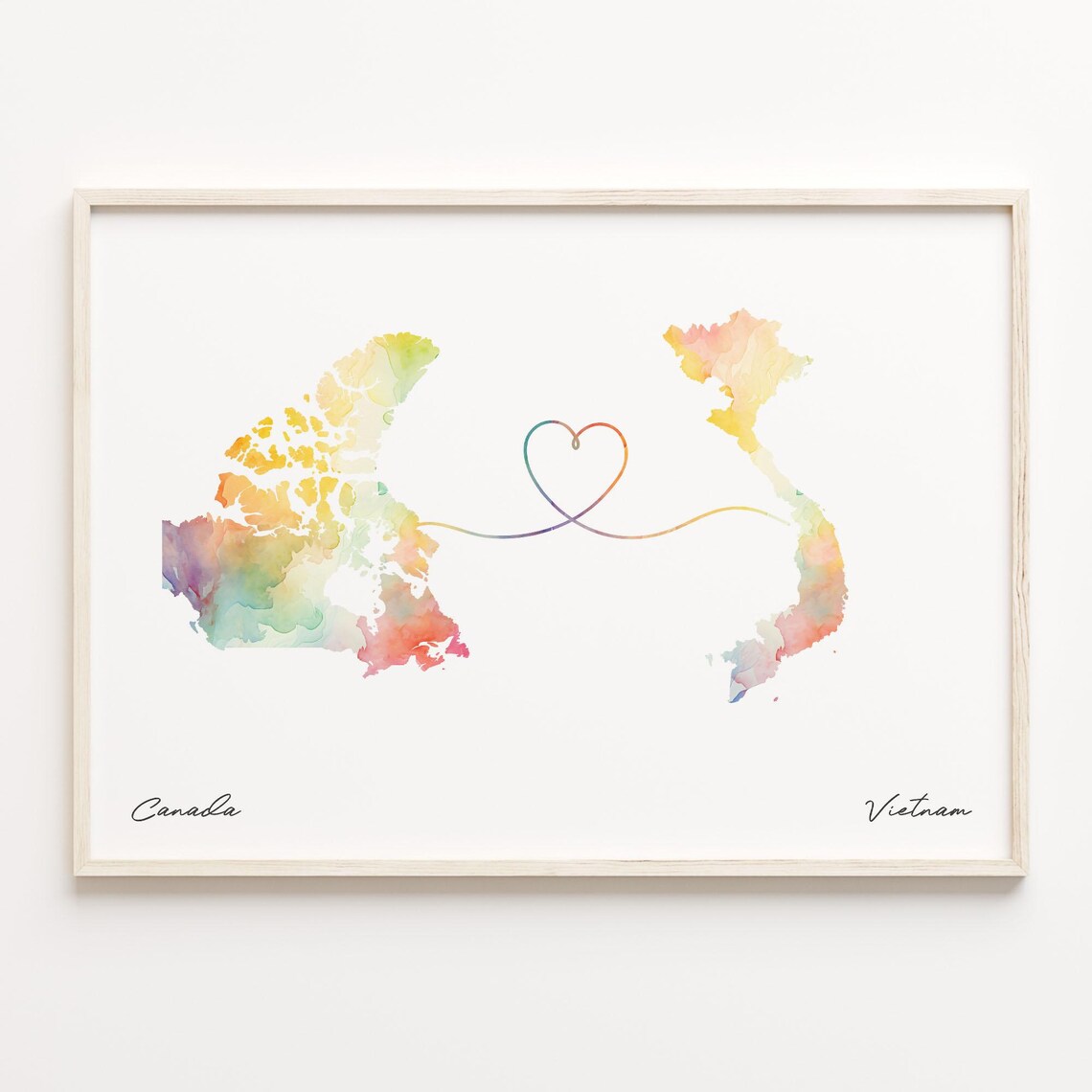 Canada to Vietnam Watercolor Map Heart Connection Art Poster
