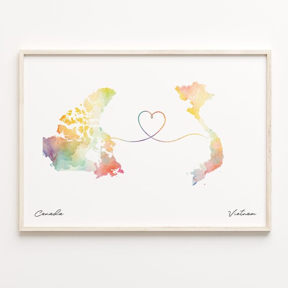 Canada to Vietnam Watercolor Map Heart Connection Art Poster