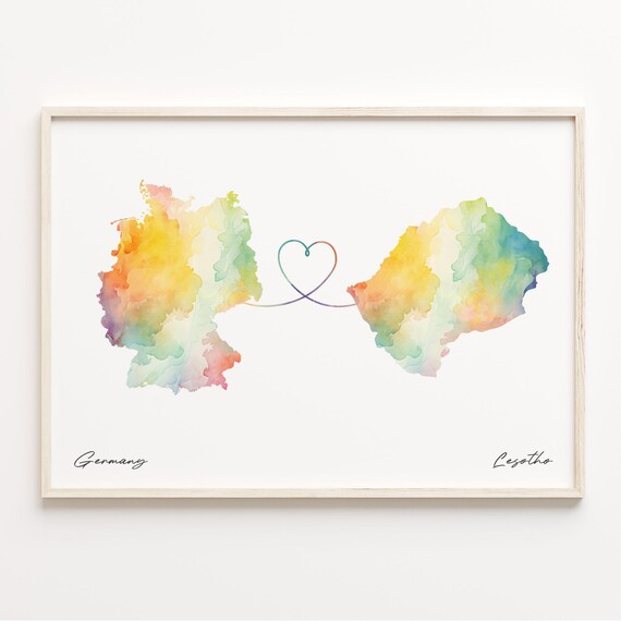 Germany To Lesotho Watercolor Heart Map Love Connection Poster