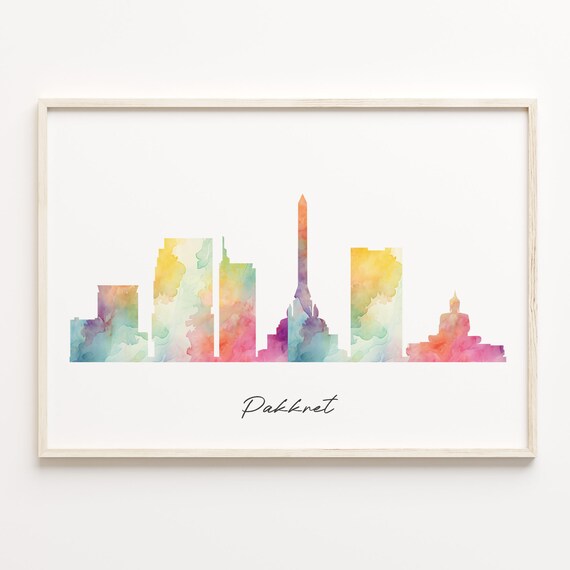 Pakkret Thailand Watercolor Skyline Travel Cityscape Art Print