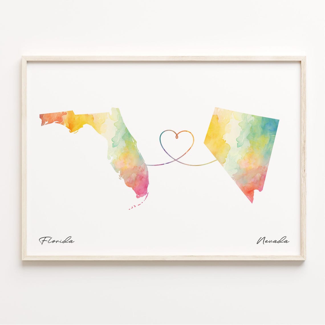 Florida To Nevada Watercolor Map Poster With Rainbow Heart Connection