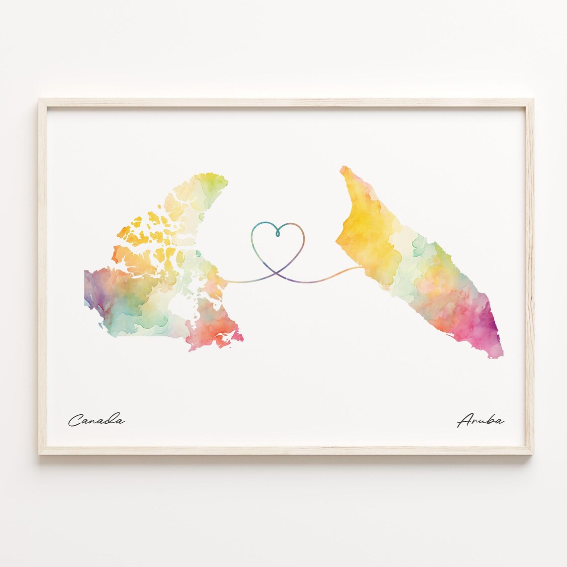 Canada to Aruba Watercolor Map Heart Long Distance Travel Poster