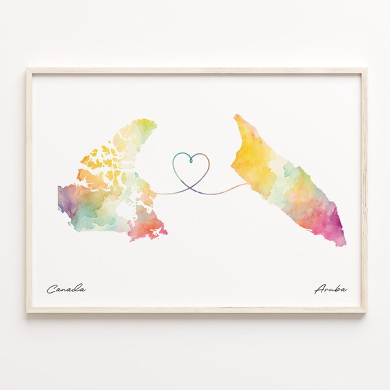 Canada to Aruba Watercolor Map Heart Long Distance Travel Poster