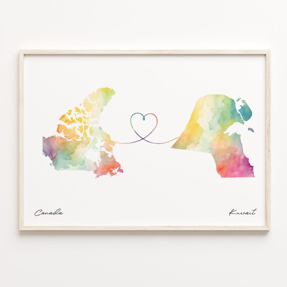 Canada to Kuwait Watercolor Heart Map Long Distance Art Poster