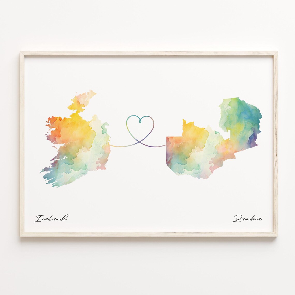 Ireland To Zambia Watercolor Heart Connection Map Art Poster