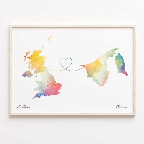 Britain To Brunei Watercolor Map Heart Love Connection Art Print