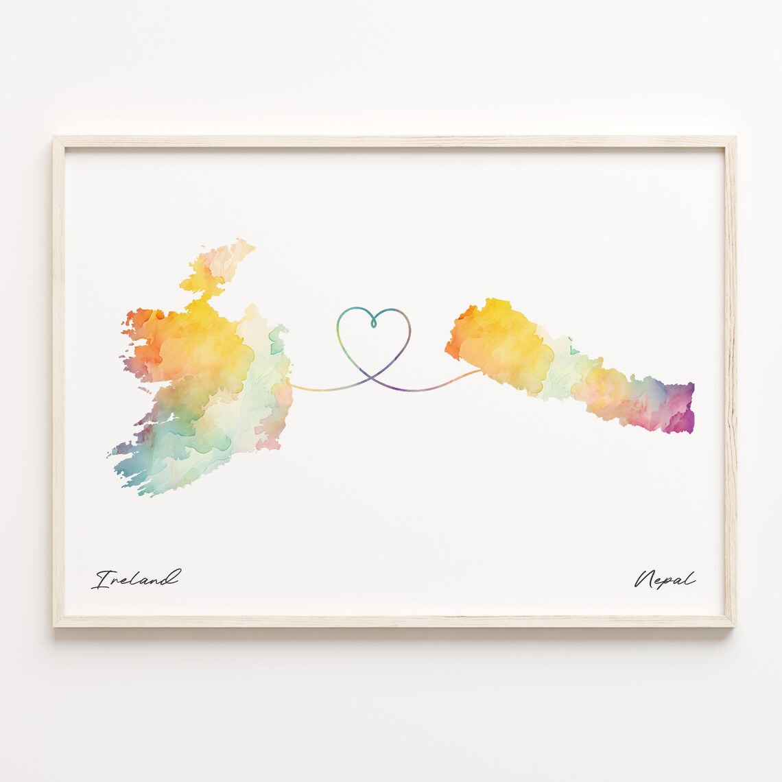 Romantic Ireland And Nepal Watercolor Map Heart Ribbon Art Poster