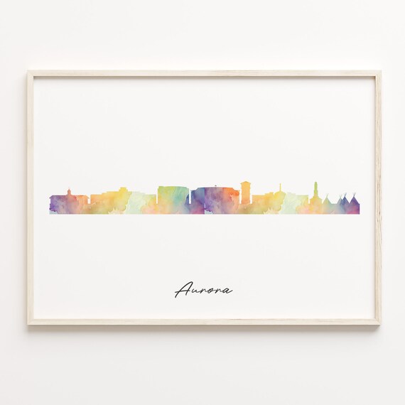 Aurora Colorado Watercolor Skyline Cityscape Travel Poster Home Decor