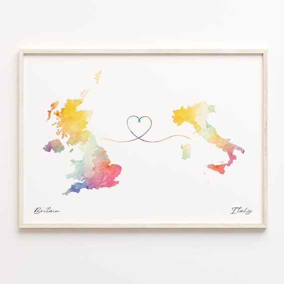 Britain to Italy Watercolor Map Love Heart Connection Art Poster