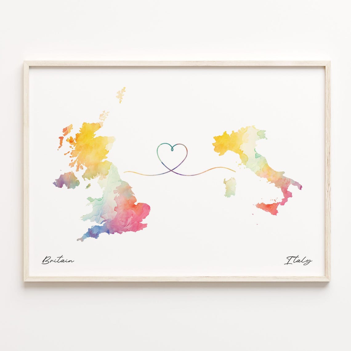 Britain to Italy Watercolor Map Love Heart Connection Art Poster