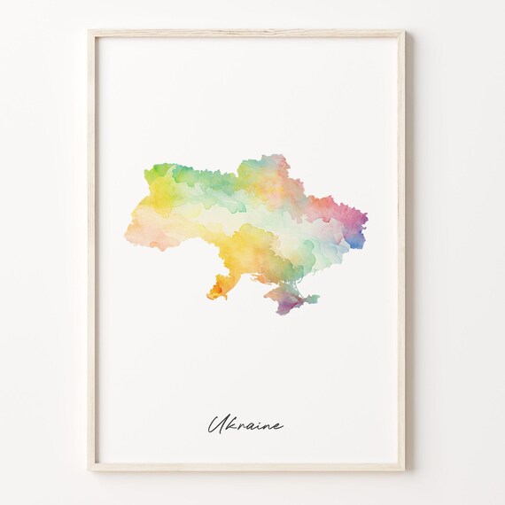 Ukraine Watercolor Country Map Pastel Rainbow Silhouette Print