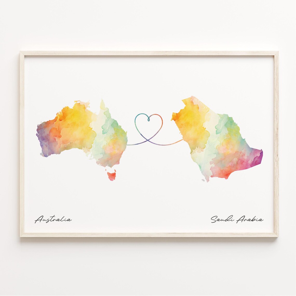 Australia To Saudi Arabia Watercolor Map Heart Love Gift Poster