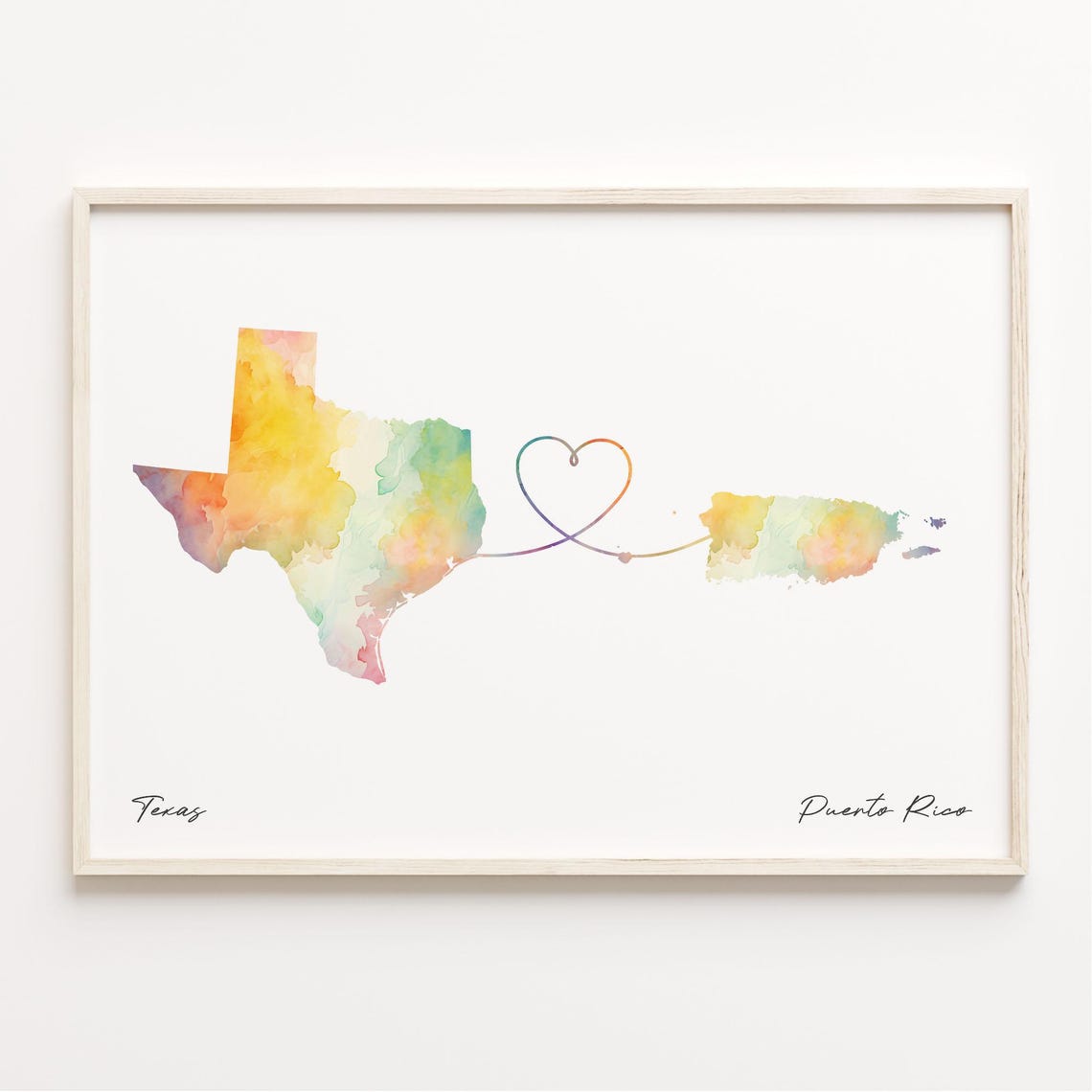 Texas to Puerto Rico Watercolor Love Map Heart Connection Poster