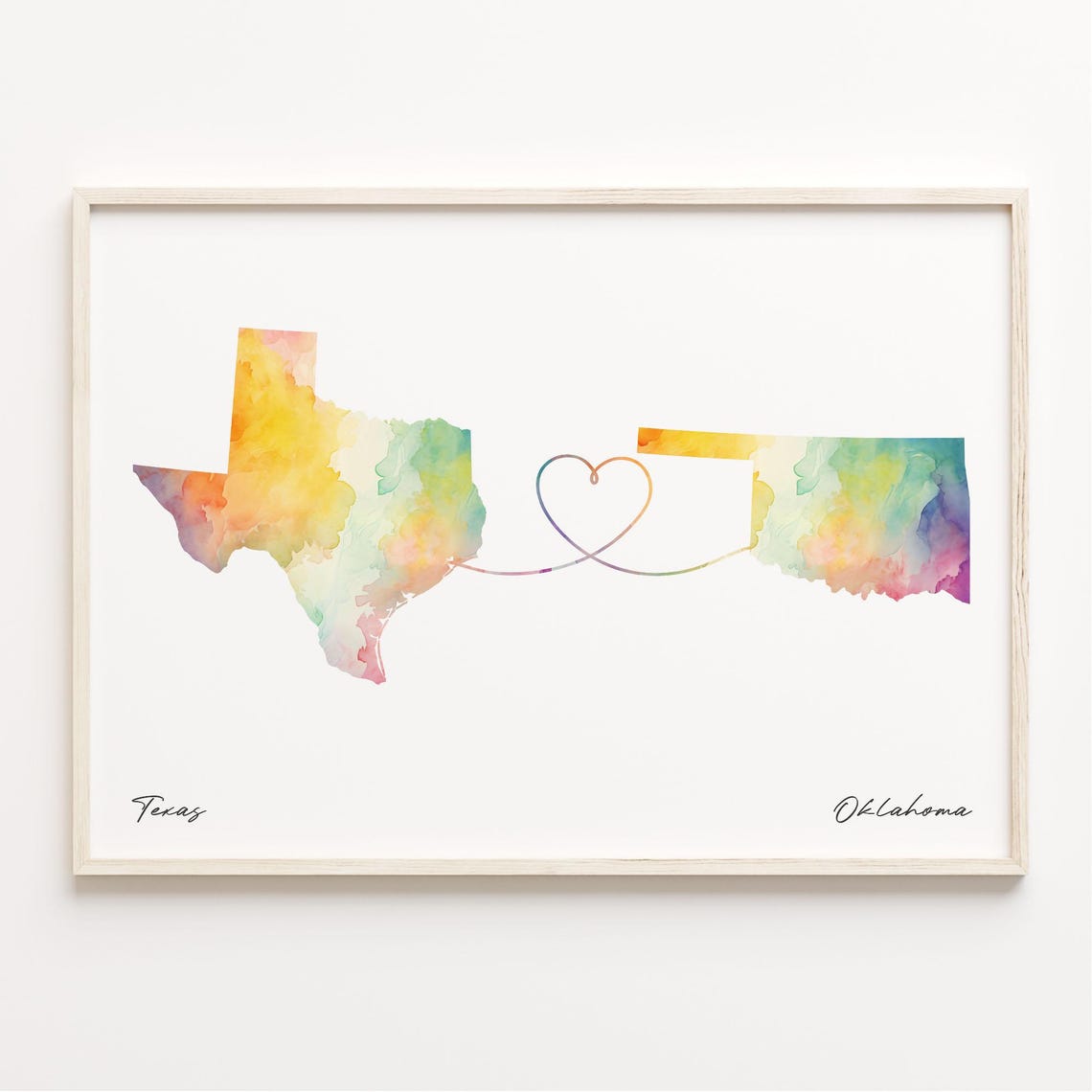Texas to Oklahoma Watercolor Heart Map Long Distance Love Print