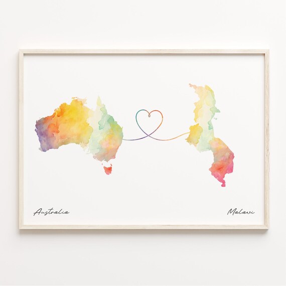 Australia To Malawi Watercolor Map Heart Connection Couple Art Poster