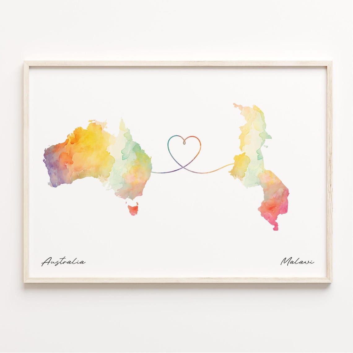 Australia To Malawi Watercolor Map Heart Connection Couple Art Poster