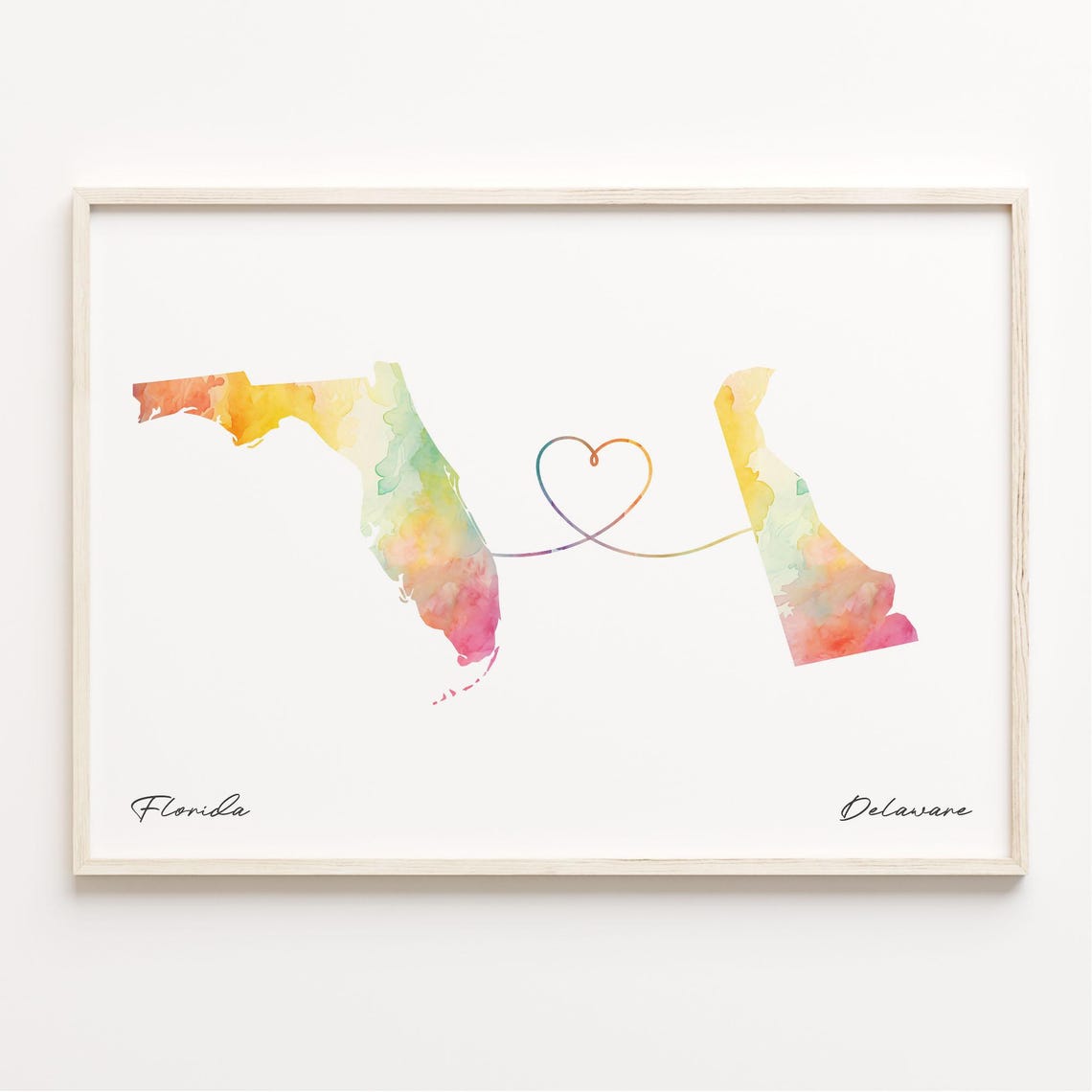 Florida to Delaware Heart Line Watercolor US State Map Poster
