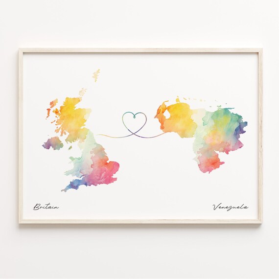 Britain To Venezuela Watercolor Map Heart Long Distance Love Poster