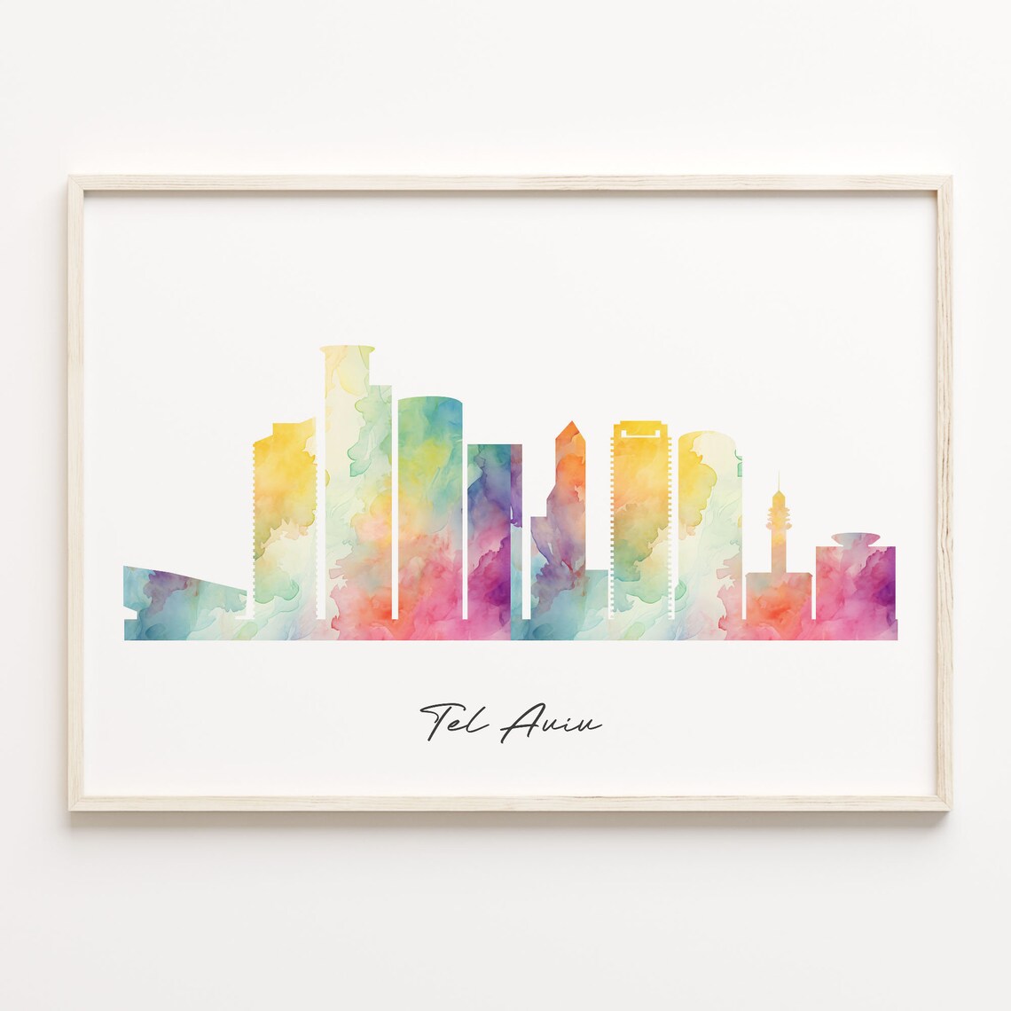 Tel Aviv Israel Watercolor Skyline Poster Minimalist Cityscape Art