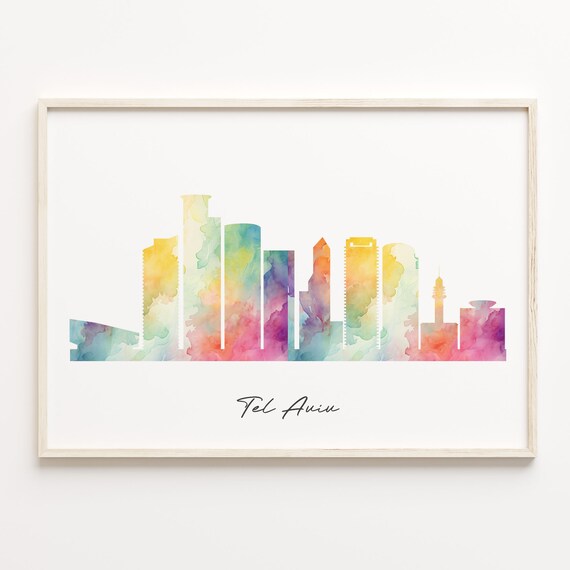 Tel Aviv Israel Watercolor Skyline Poster Minimalist Cityscape Art