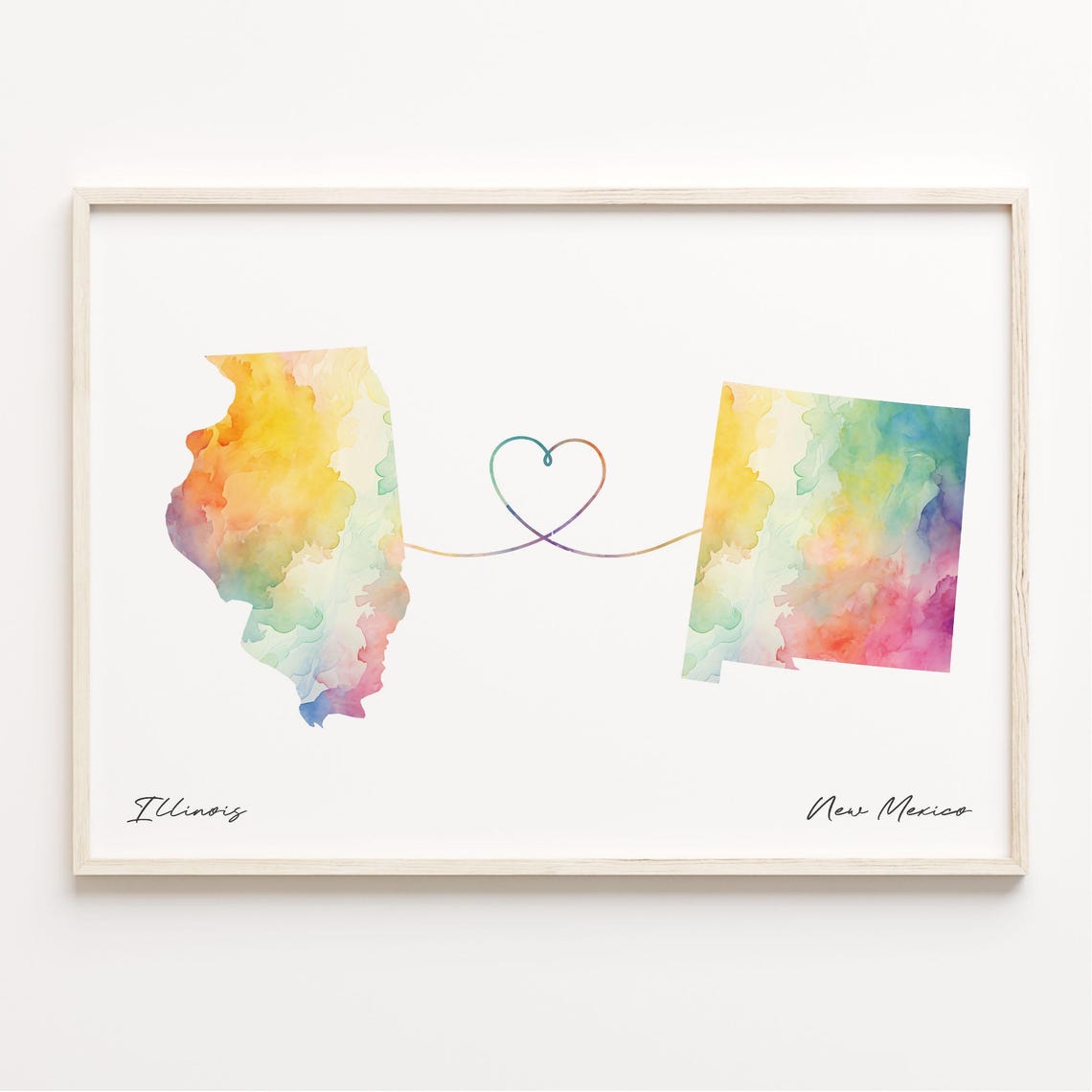 Illinois To New Mexico Watercolor Map With Heart Line Poster