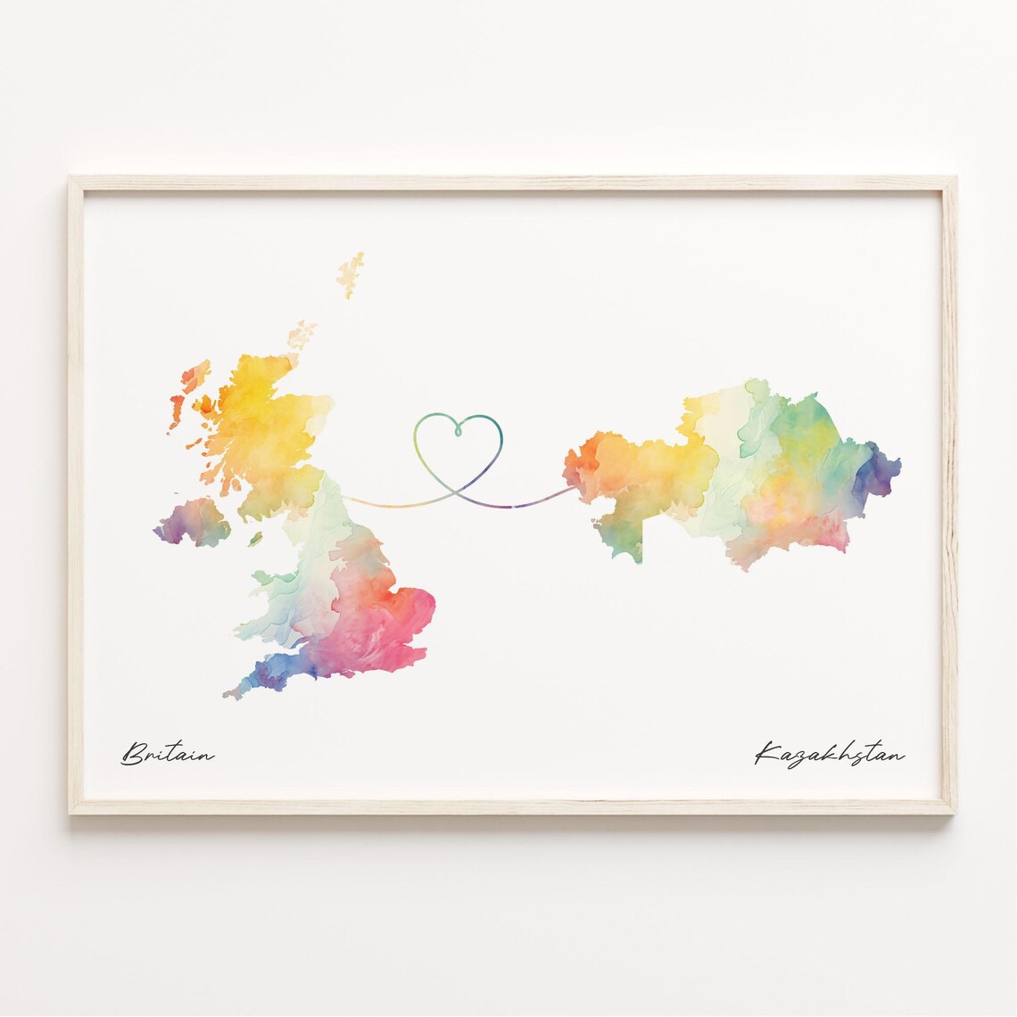 Britain To Kazakhstan Watercolor Map Print Heart Line Moving Abroad Gift