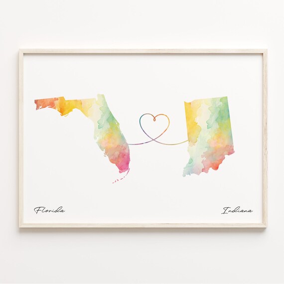 Florida To Indiana Watercolor Map Heart Long Distance Connection Poster