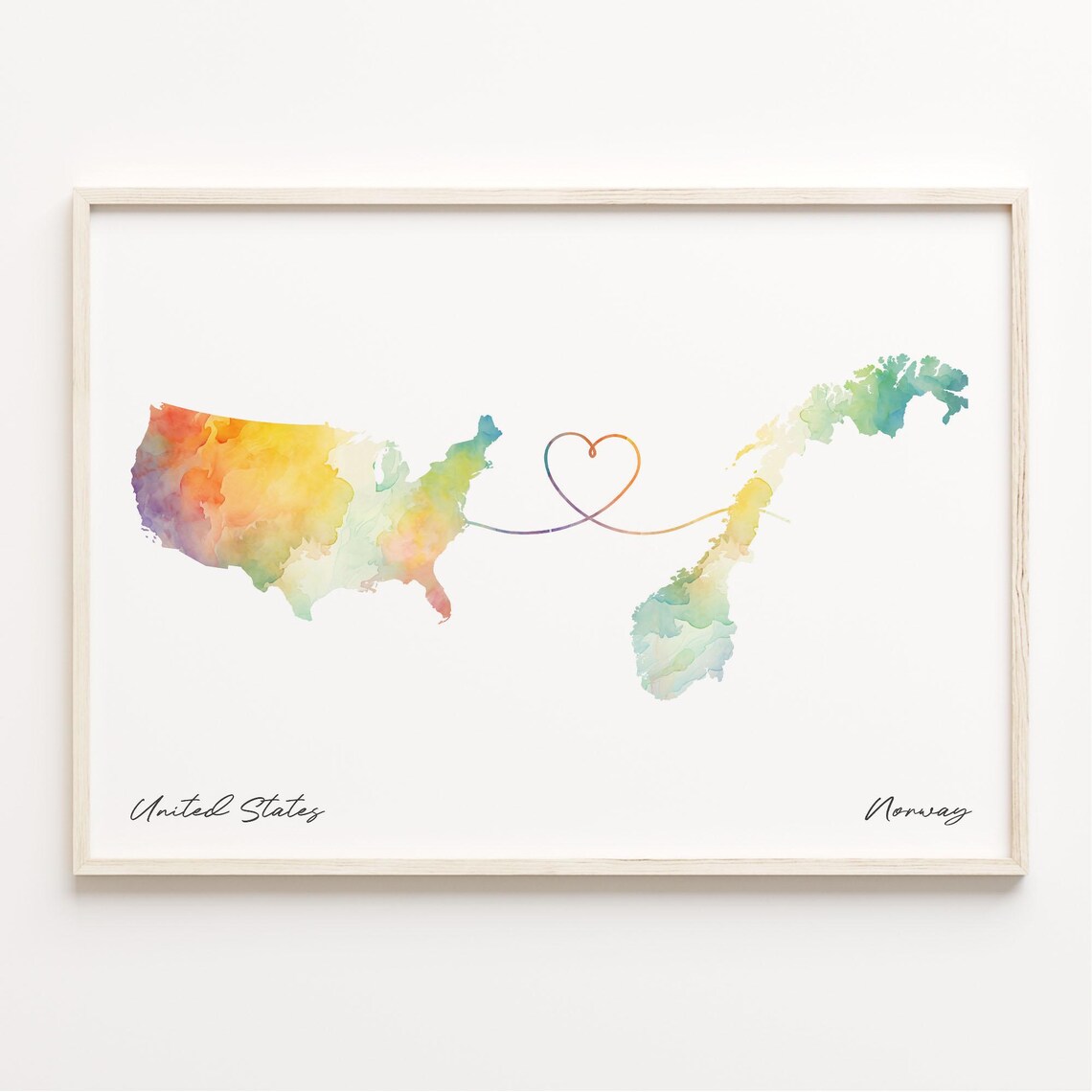 United States To Norway Watercolor Heart Map Long Distance Love Poster