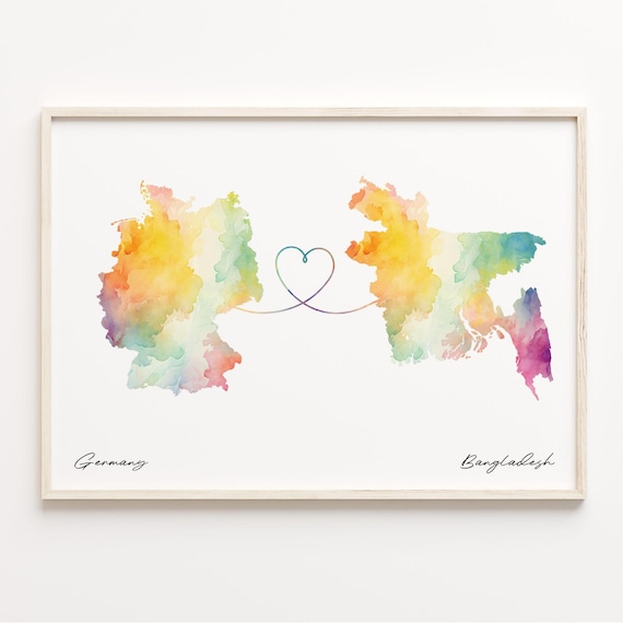 Germany to Bangladesh Watercolor Map Heart Connection Poster