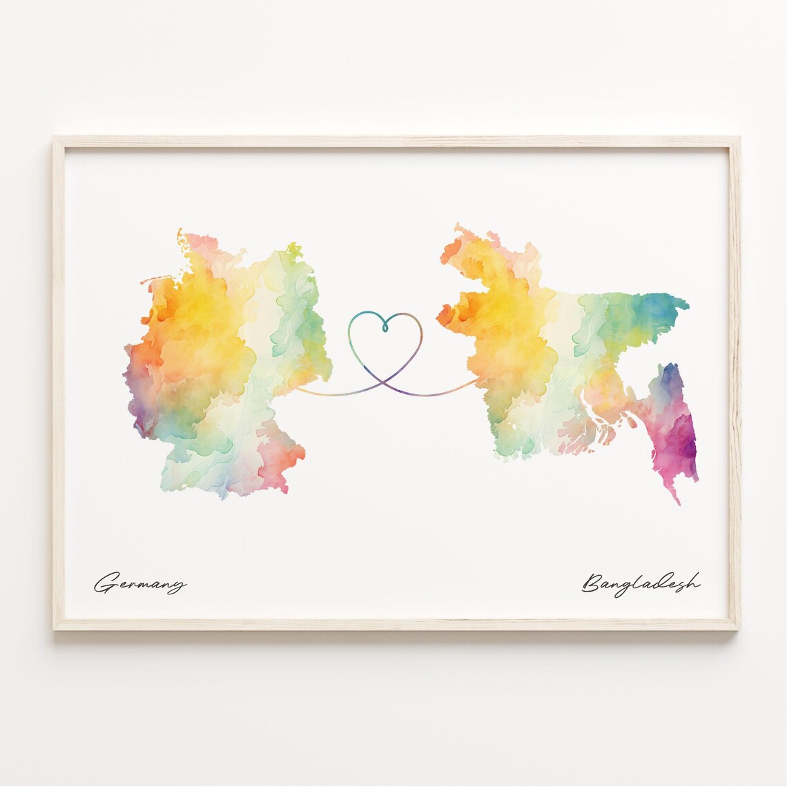 Germany to Bangladesh Watercolor Map Heart Connection Poster