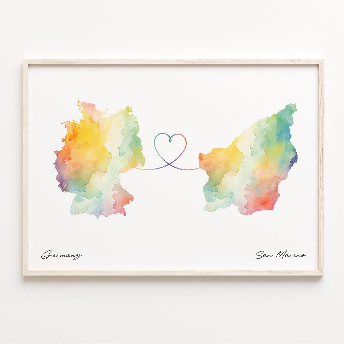 Germany to San Marino Watercolor Map Poster - Heart Line Long Distance