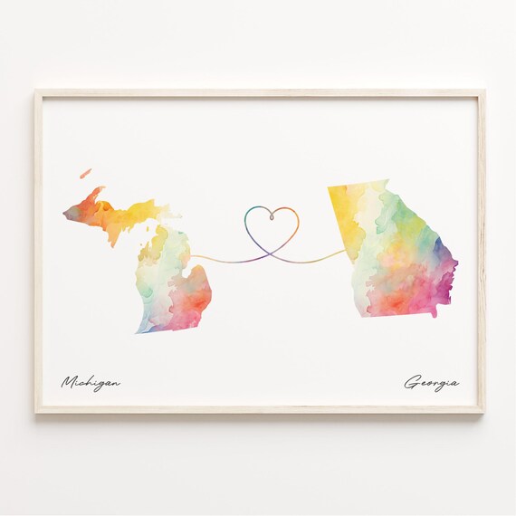 Michigan to Georgia Watercolor Map Heart Long Distance Gift Poster