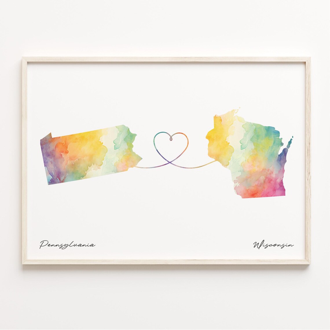 Pennsylvania To Wisconsin Watercolor Map With Heart Line Poster