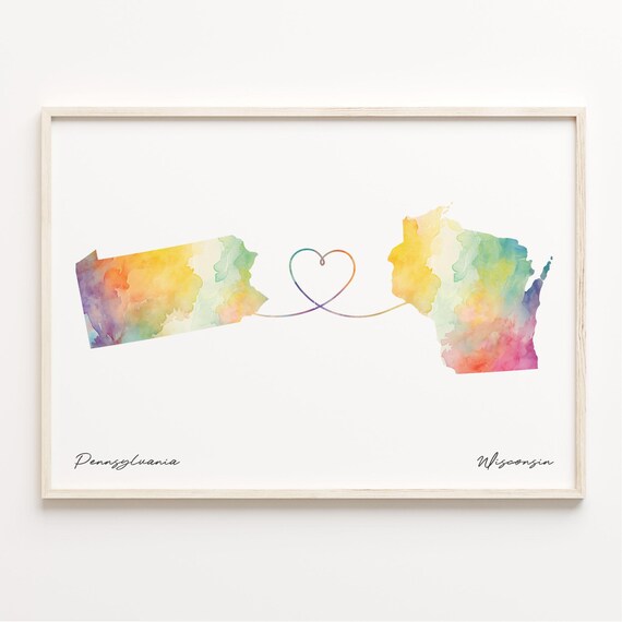 Pennsylvania To Wisconsin Watercolor Map With Heart Line Poster