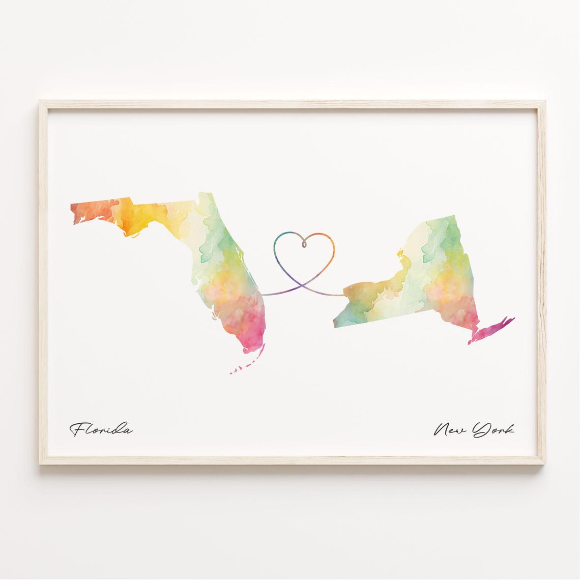 Florida and New York Watercolor Map Heart Long Distance Gift Print